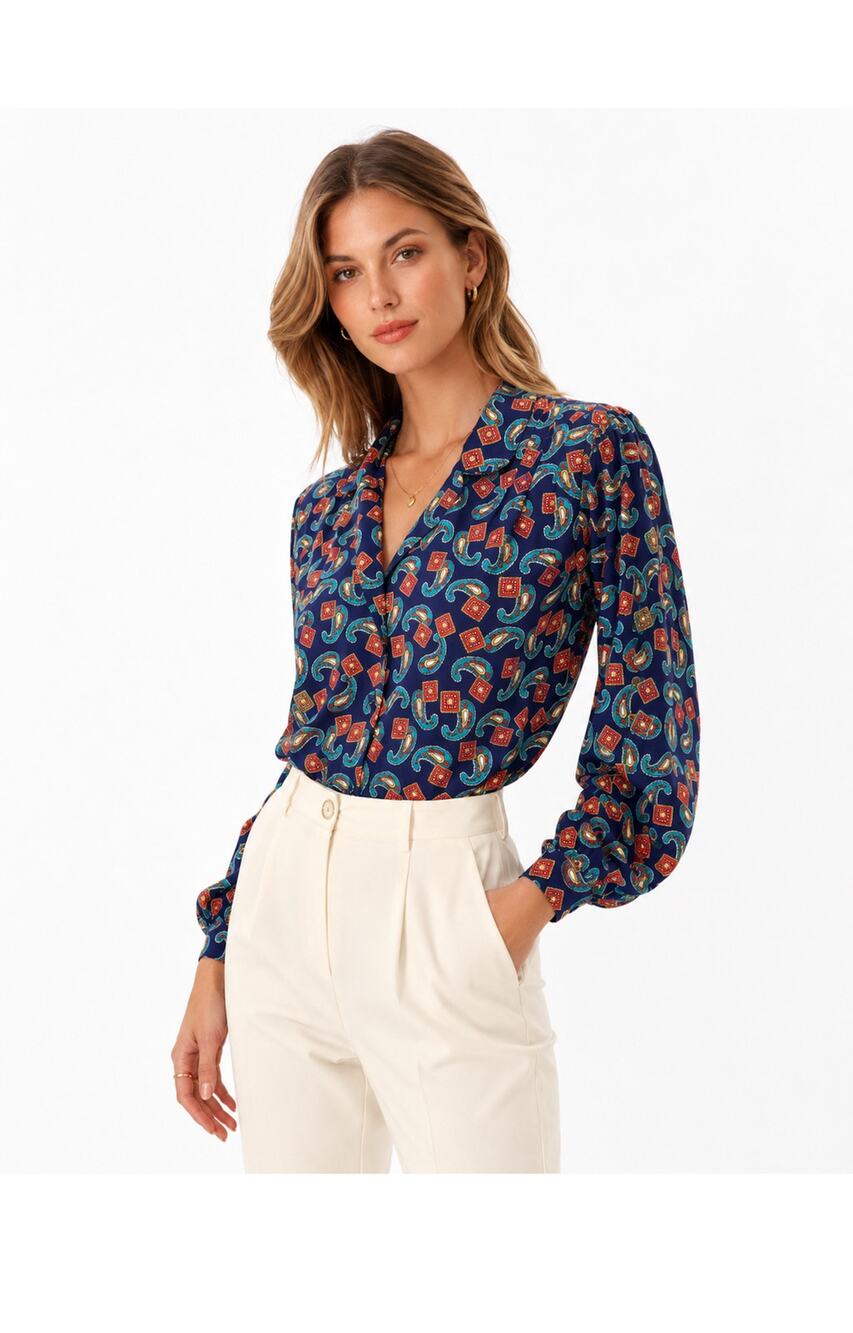 Vintage 80s Josephine Silky Paisley Scarf Print Blouse Blue Teal Red XS/S